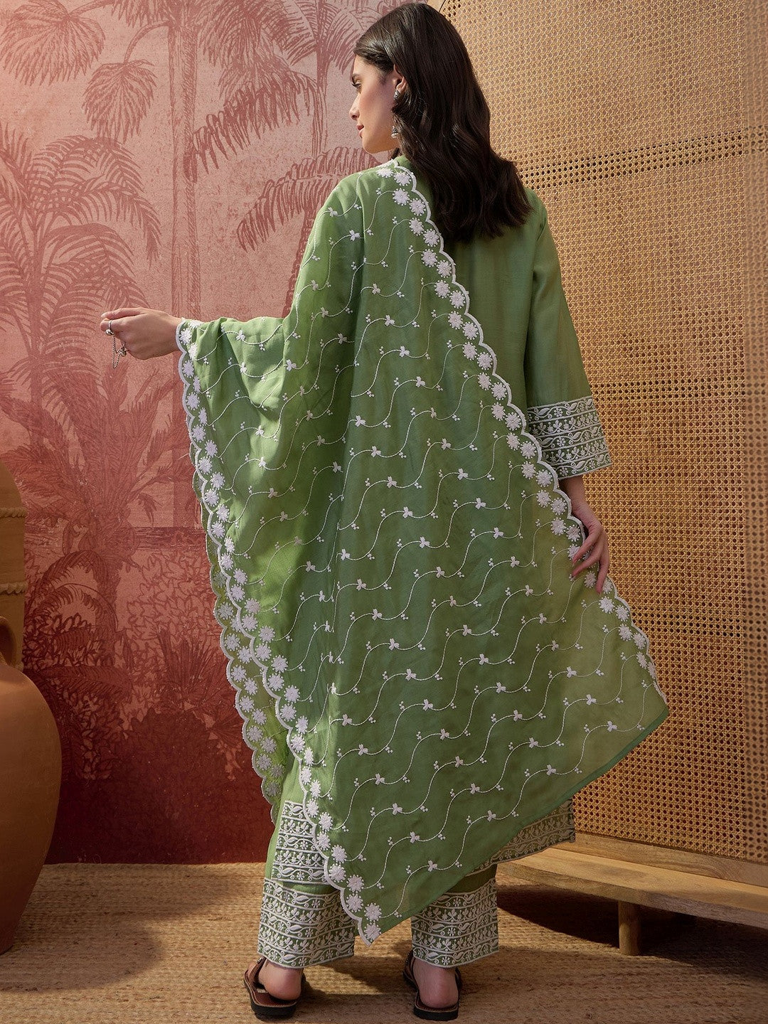 Embroidered Round-Neck Kurta Trousers & Dupatta