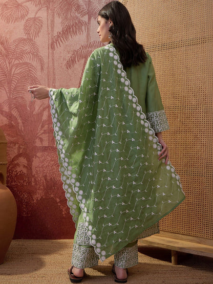 Embroidered Round-Neck Kurta Trousers & Dupatta