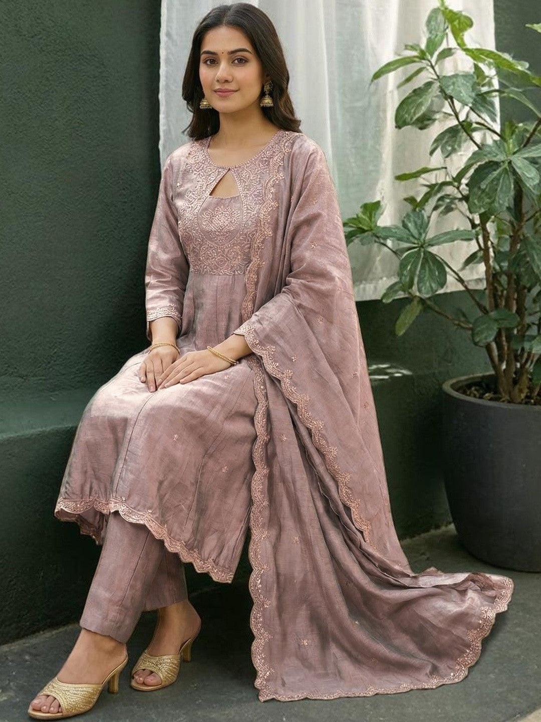 Embroidered Boat Neck Kurta Sets