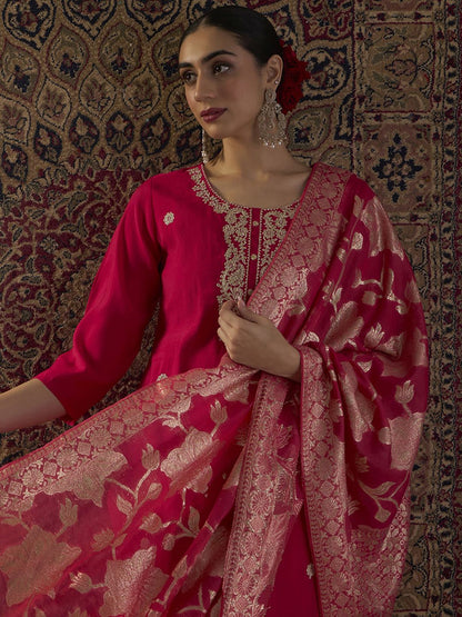 Ethnic Motifs Embroidered Straight Kurta With Trousers & Dupatta