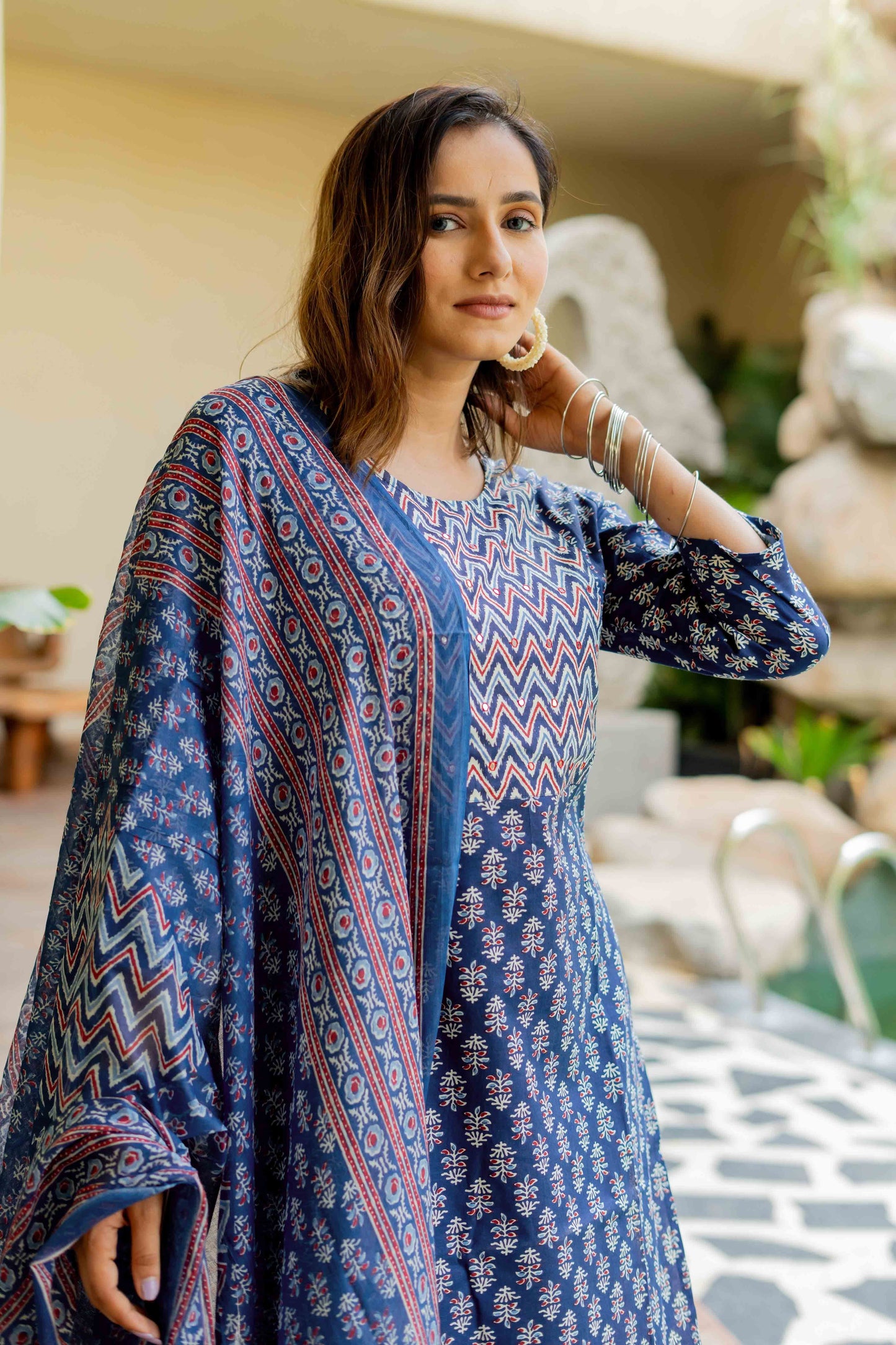 Dhiyona KL Floral Printed Round Neck Mirror Work Pure Cotton Kurta With Trousers & Dupatta