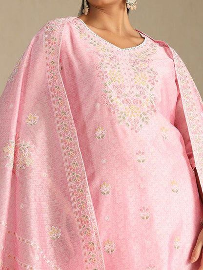 Dhiyona SO Women's Floral Printed Thread Work Chanderi Cotton Straight Kurta with Palazzos & Dupatta