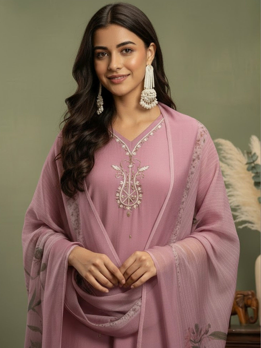 Embroidered V-Neck Kurta & Trousers Kurta Sets