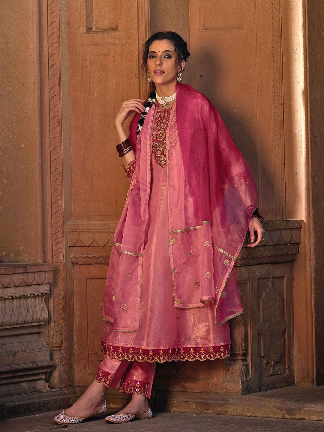 Dhiyona CH Women Floral Embroidered A-Line Kurta with Trousers & Dupatta