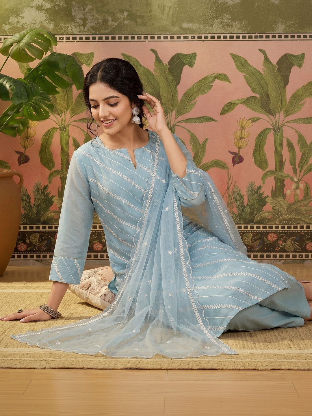 Dhiyona SN Women Ethnic Motifs Embroidered Regular Thread Work Chanderi Cotton Kurta with Trousers & With