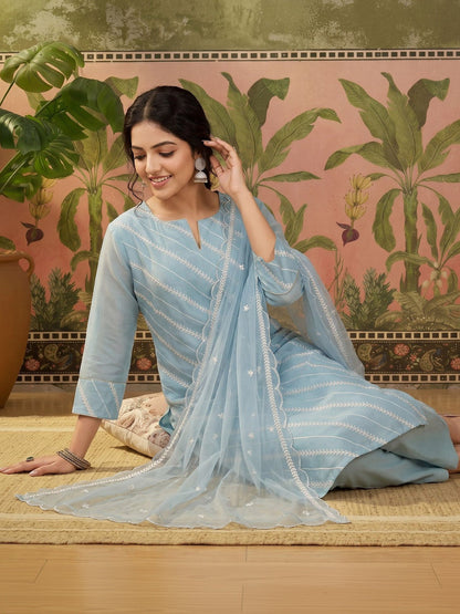 Women Ethnic Motifs Embroidered Regular Thread Work Chanderi Cotton Kurta with Trousers & With