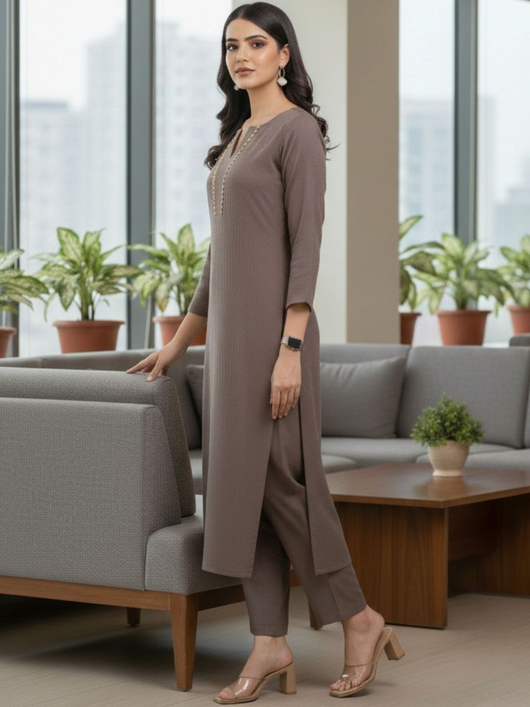 Brown Women Regular Thread Work Silk Crepe Kurta with Trousers