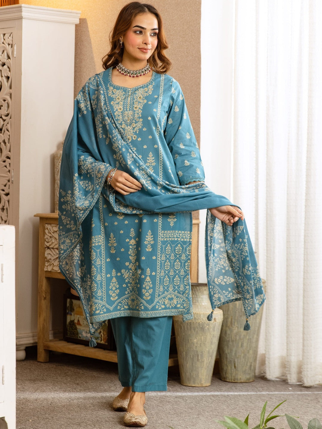 Printed Cotton Sweetheart Neck Kurta & Trousers with Dupatta