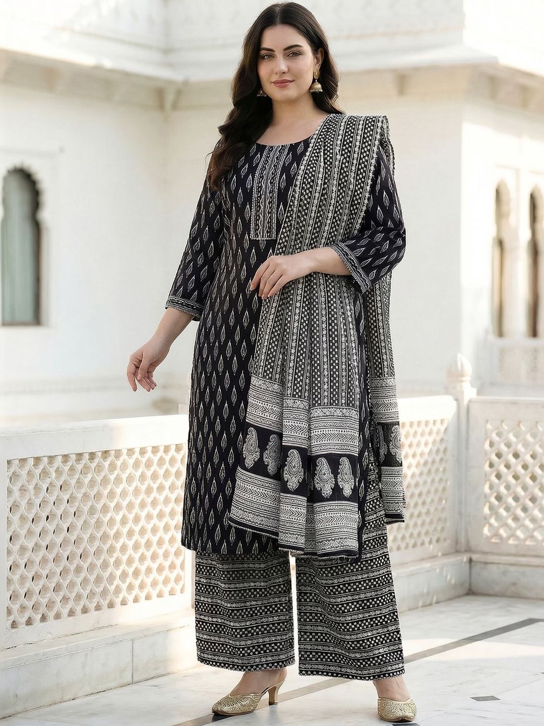Dhiyona Women's Ethnic Motifs Printed Mirror Work Pure Cotton Kurta with Palazzos & With Dupatta