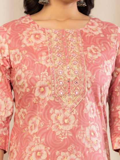 Women Floral Printed Regular Thread Work Pure Cotton Kurta with Trousers & With Dupatta