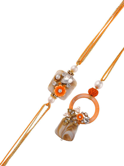 Dhiyona Orange Beaded Bhaiya Bhabhi Rakhi With Roli Chawal & Greeting Card
