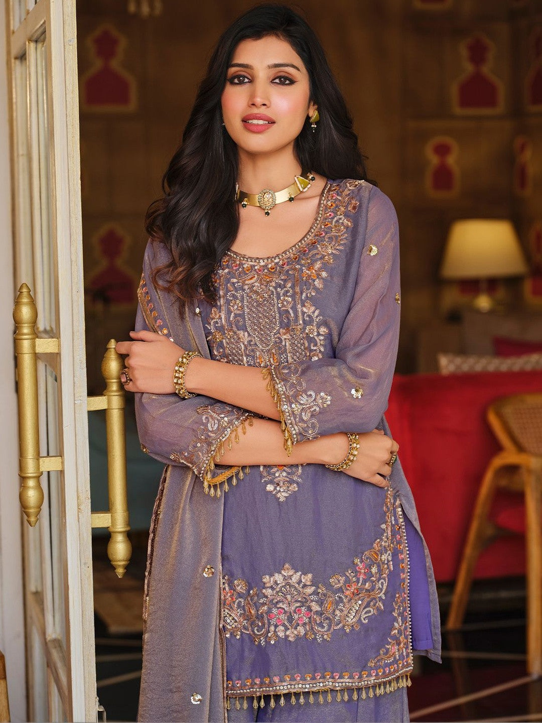 Women Ethnic Motifs Embroidered Regular Sequinned Kurta with Sharara & With Dupatta