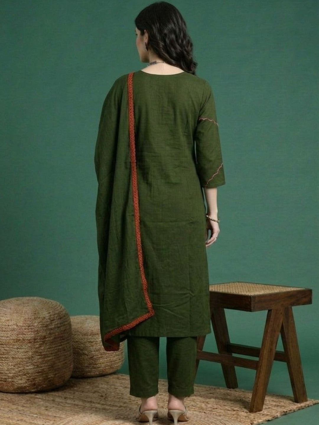 Embroidered Cotton Round Neck Kurta & Trousers With Dupatta
