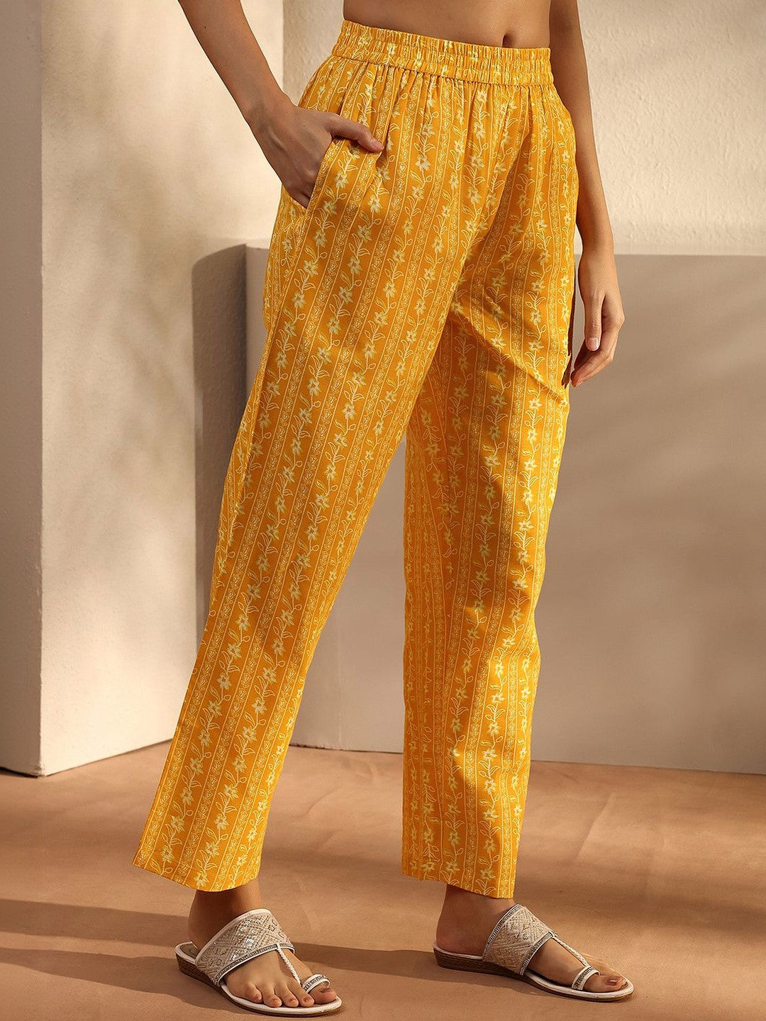 Libas Yellow Floral Printed Cotton A-Line Suit Set With Dupatta