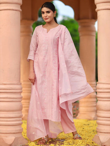 Women's LB Art Pink Embroidered Chanderi Silk Straight Suit With Dupatta