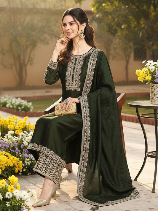 Dhiyona KL Floral Embroidered Straight Kurta with Trousers & Dupatta