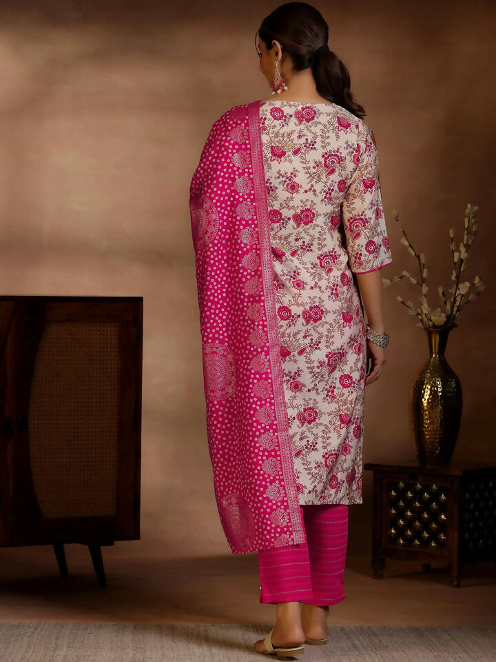 Women's LB Pink Printed Silk Blend Straight Suits With Dupatta