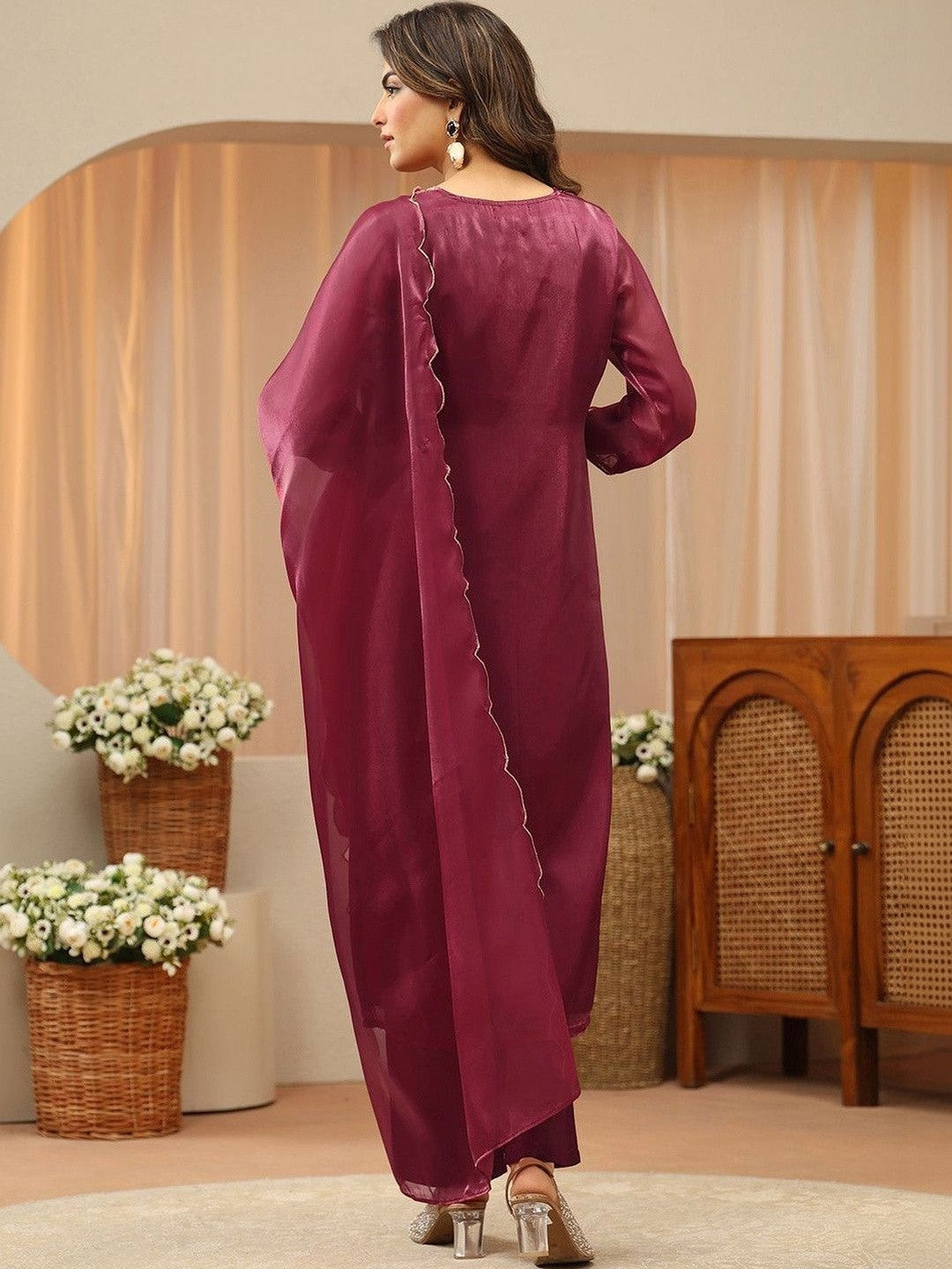 Libas Red Yoke Design Tissue Straight Suit Set