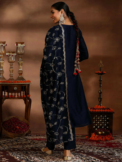 Women's LB Blue Embroidered Silk Blend Straight Suit With Dupatta