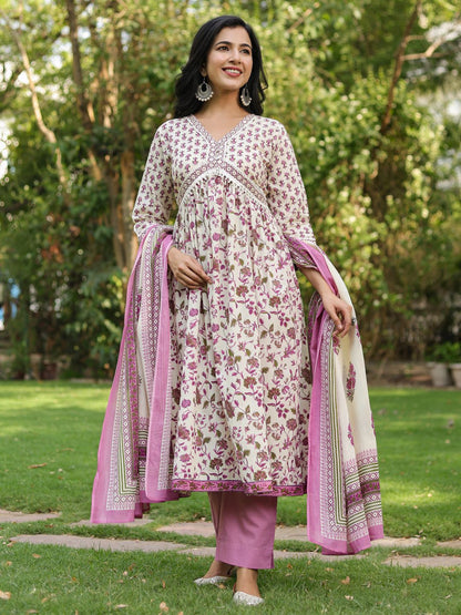 Dhiyona RR Women's Ethnic Motifs Printed Pure Cotton Kurta with Trousers & Dupatta