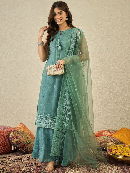 Dhiyona IN Women Floral Embroidered Kurta with Sharara & Dupatta