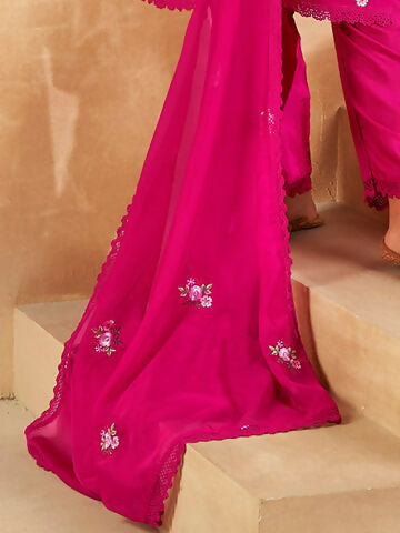 Women's Magenta Embroidered Straight Kurta Trousers With Dupatta set