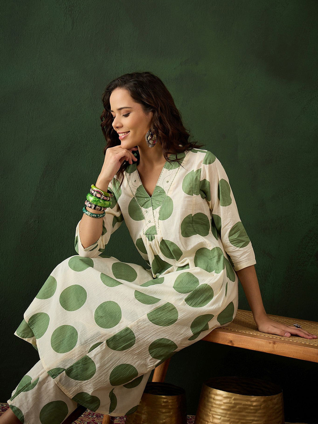 Dhiyona SN Green Dot Embroidered Pure Cotton Sequinned A-line Kurta With Trouser