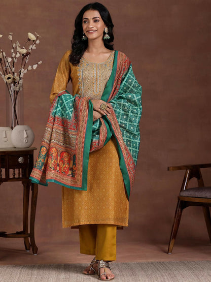 Women's LB Mustard Printed Silk Blend Straight Suit With Dupatta