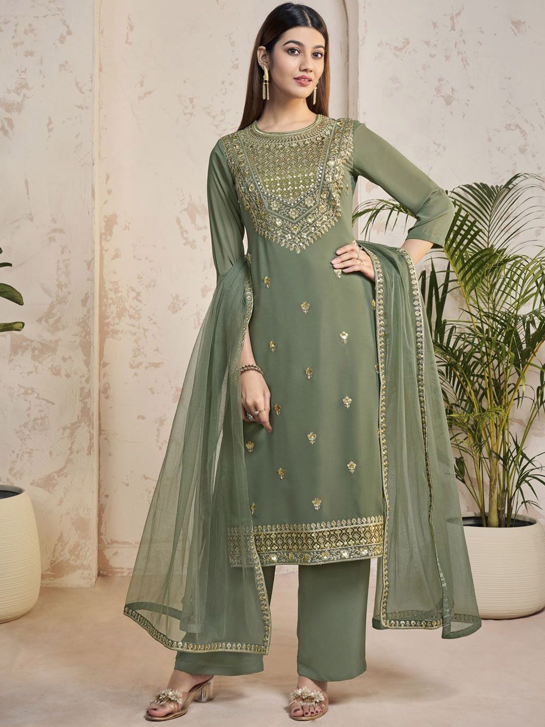 Dhiyona IN Women Floral Yoke Design Regular Sequinned Kurta with Palazzos & With Dupatta