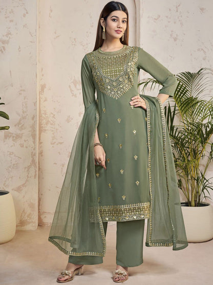 Dhiyona IN Women Floral Yoke Design Regular Sequinned Kurta with Palazzos & With Dupatta