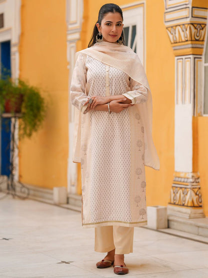 Dhiyona RR Women's Ethnic Motifs Printed Regular Chanderi Cotton Straight Kurta Set