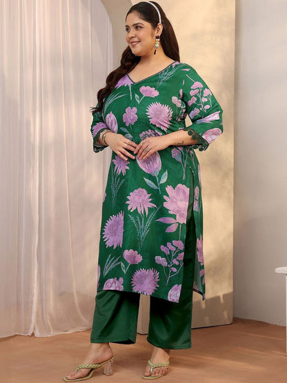 Dhiyona Women's Plus Size Floral Printed Linen Kurta with Trousers & Dupatta