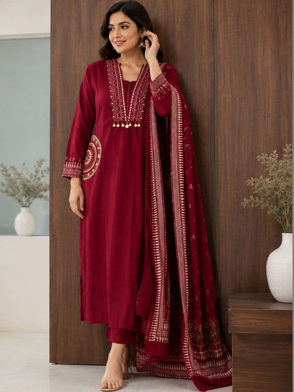 Women Ethnic Motifs Embroidered Regular Thread Work Pure Cotton Kurta with Trousers & With Dupatta