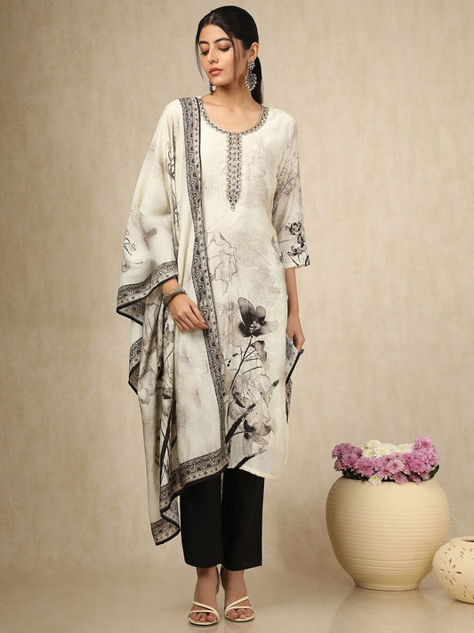 Dhiyona SO Women's Women Floral Printed Regular Mirror Work Kurta with Trousers & With Dupatta