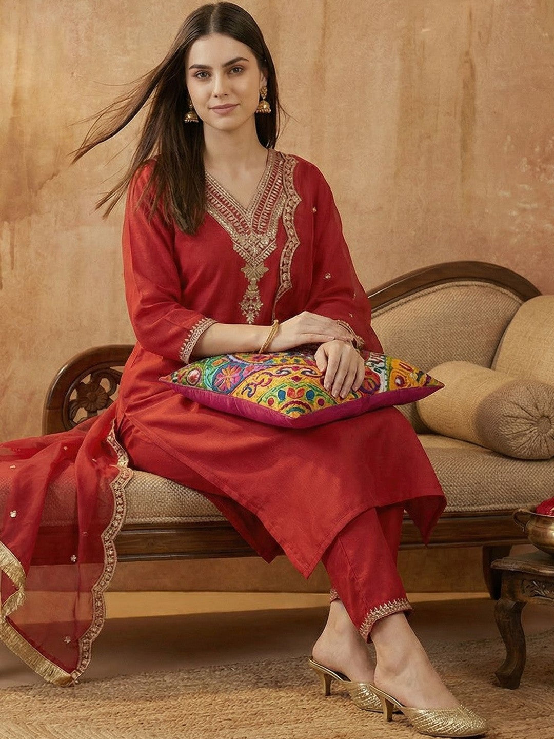 Women Ethnic Motifs Embroidered Regular Liva Kurta with Trousers & With Dupatta