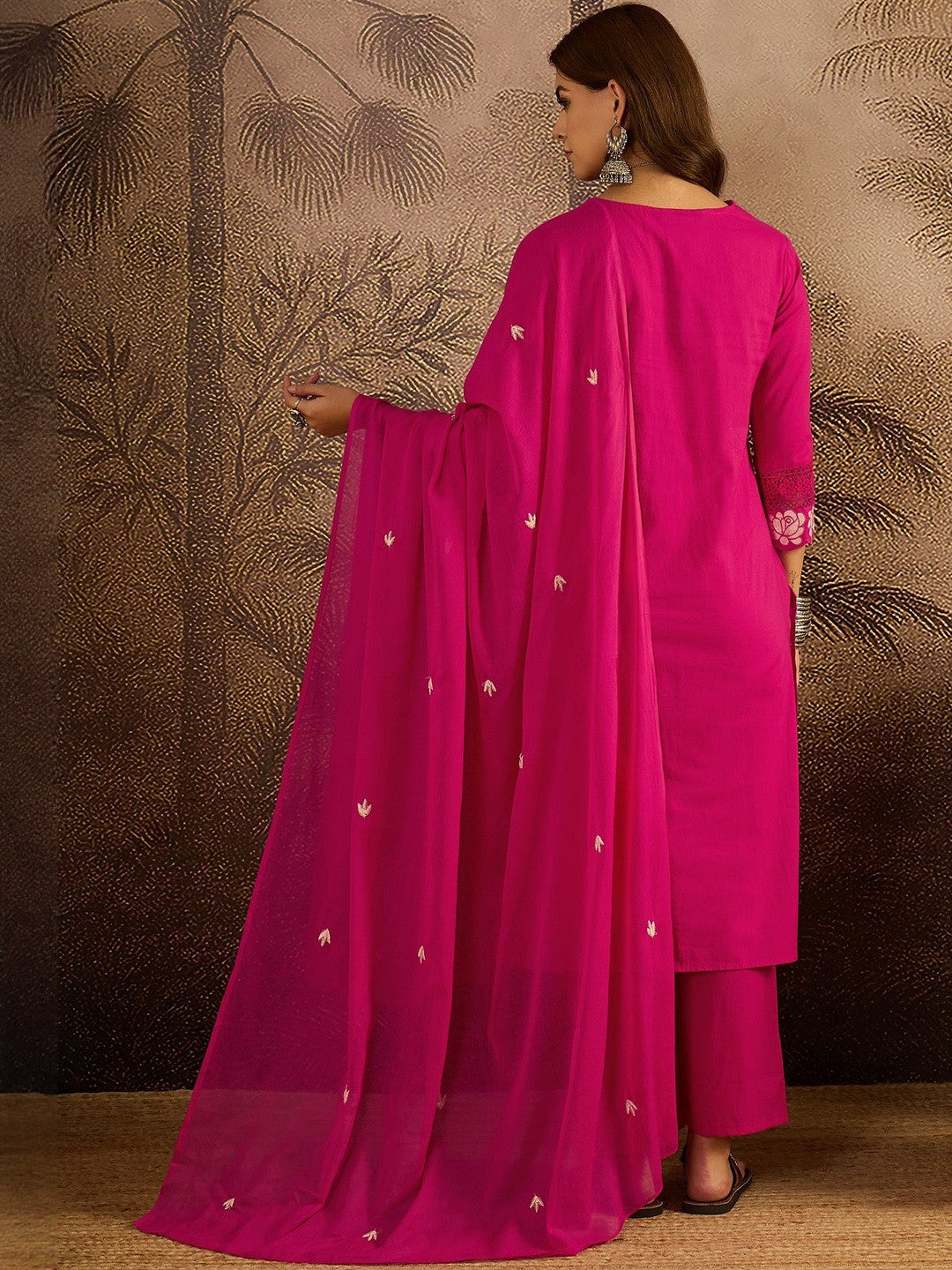 Embroidered Cotton Kurta with Trousers & Dupatta Set