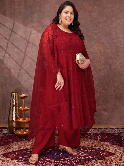 Dhiyona IN Women Floral Embroidered Thread Work Kurta with Palazzos & Dupatta
