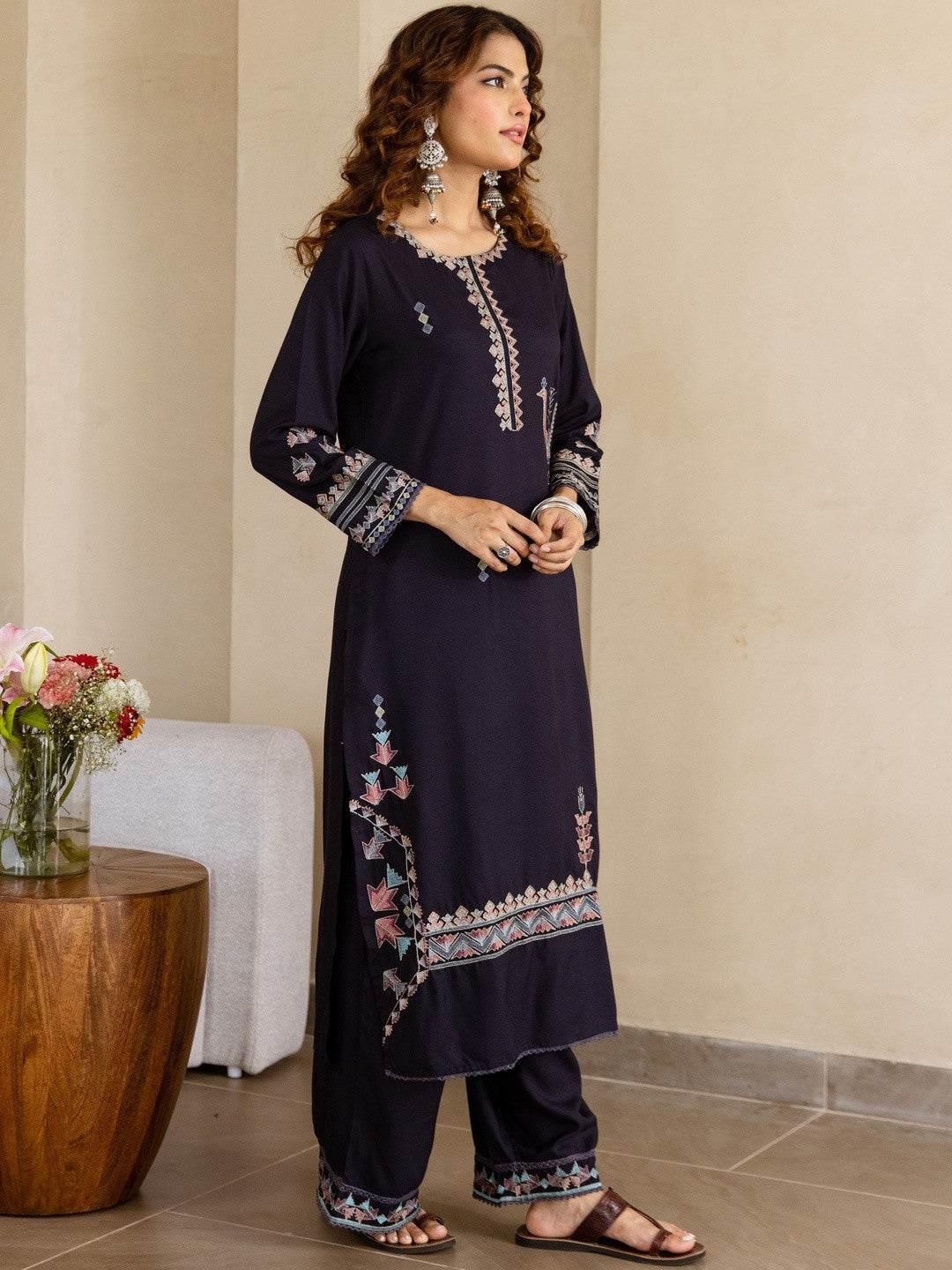 Ethnic Motifs Embroidered Round Neck Thread Work Straight Kurta With Palazzos