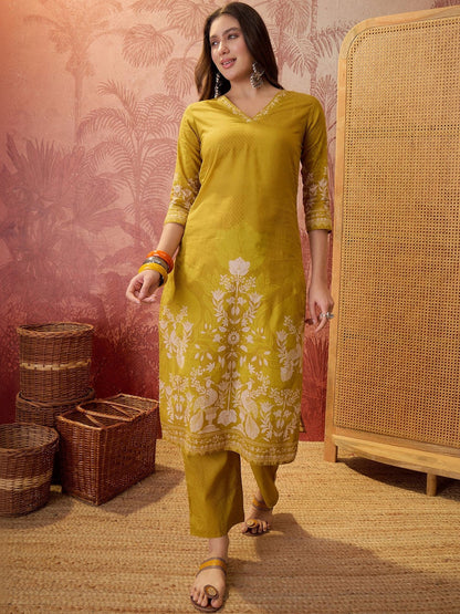 Printed Pure Cotton V-Neck Kurta & Trousers With Dupatta