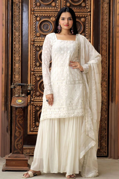 Dhiyona KL Chevron Embroidered Thread Work Georgette Straight Kurta with Sharara & Dupatta