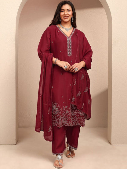 Dhiyona Women's Ethnic Motifs Embroidered Thread Work Kurta with Trousers & Dupatta