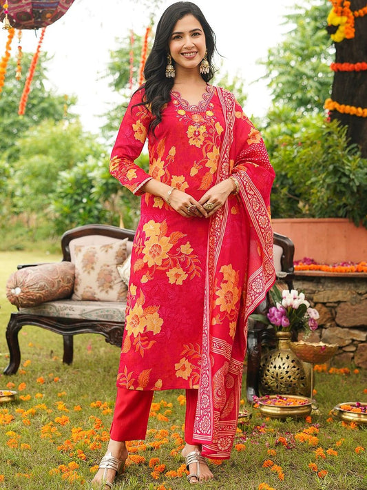 Dhiyona KL Floral Printed Sequinned Straight Kurta & Trousers With Dupatta