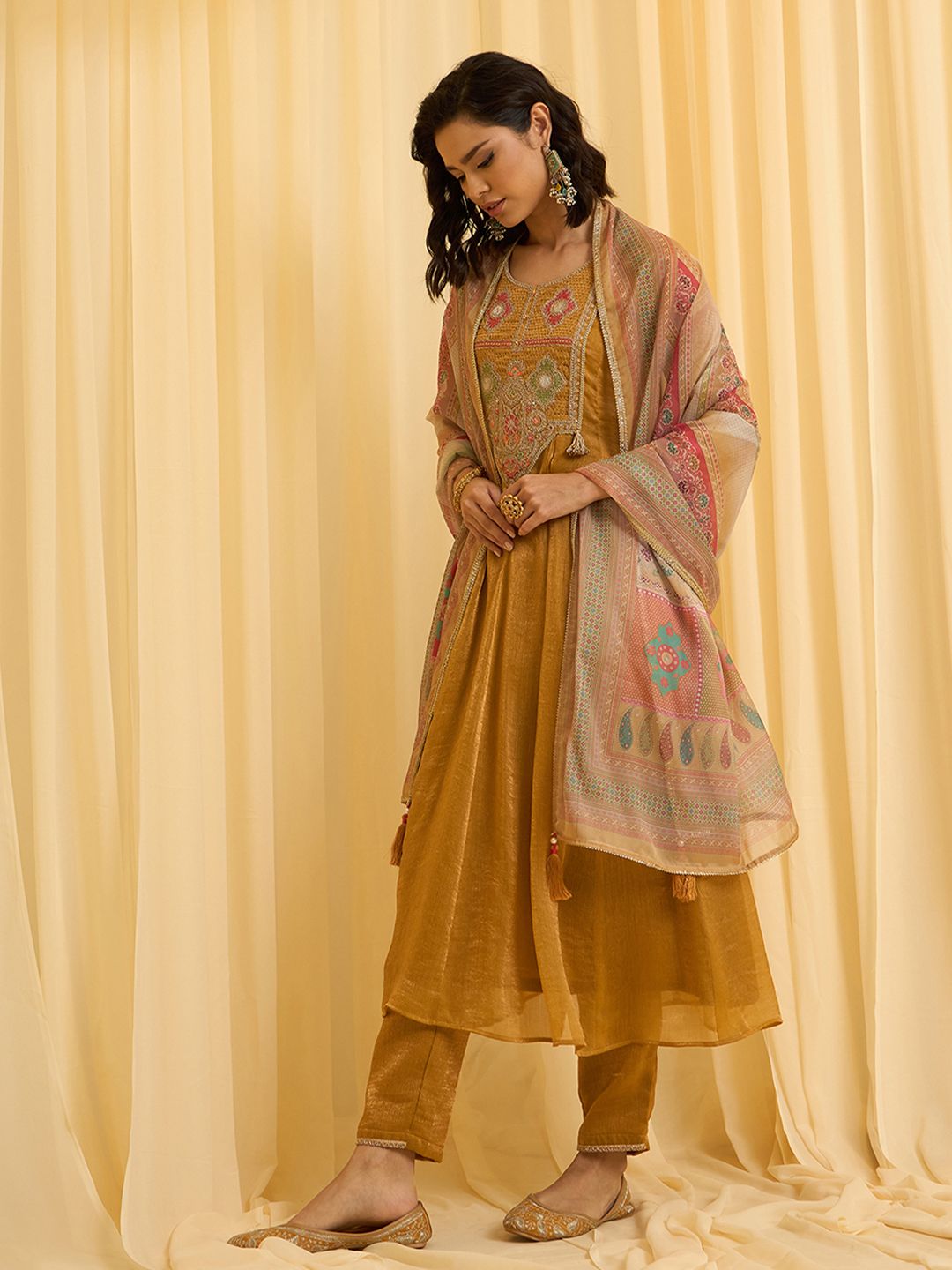 Dhiyona CH Women Ethnic Motifs Embroidered A-Line Kurta with Trousers & Dupatta