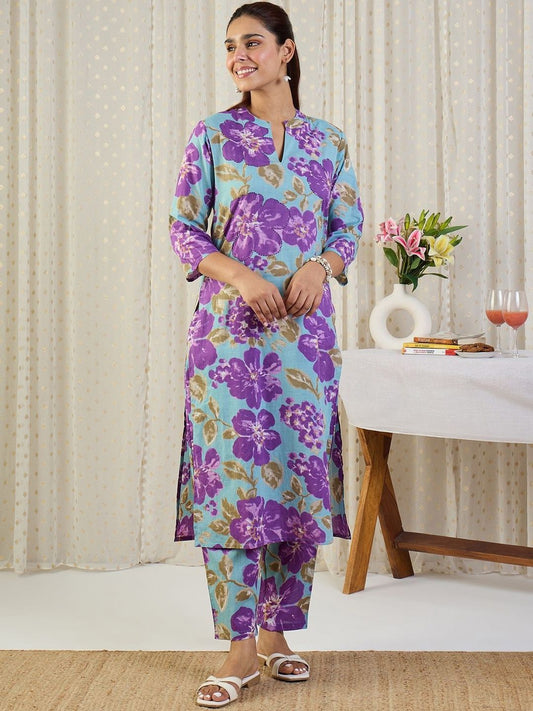 Dhiyona IE Floral Printed Pure Cotton Tunic & Trousers Co-Ord Set