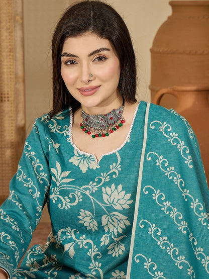 Women Winter Floral Woven Design Straight Kurta With Trousers & Dupatta
