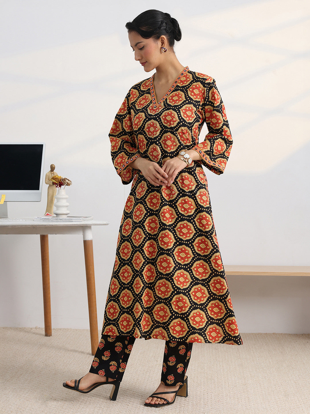 Libas Black Ajrakh Print A-Line Kurta Set