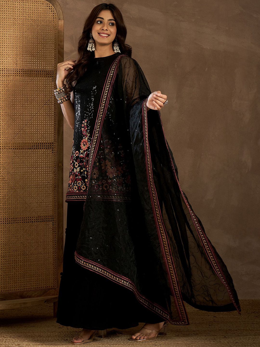 Dhiyona IN Women Floral Embroidered Regular Sequinned Kurta with Sharara & Dupatta