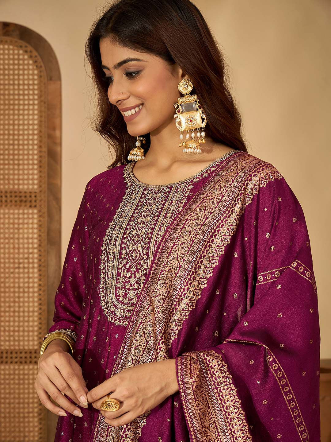 Foil Printed Embroidered Kurta With Trouser & Dupatta