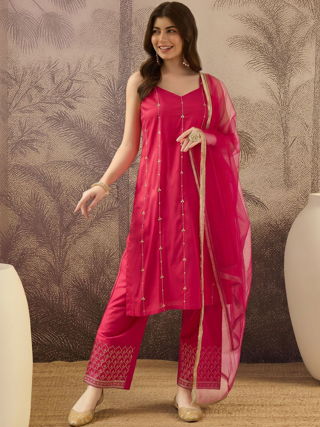Dhiyona SN Embroidered V-Neck Kurta & Trousers With Dupatta Set