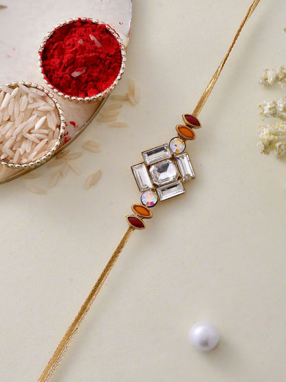 Dhiyona Gold Toned American Diamond Stone Studded Rakhi With Roli Chawal & Greeting Card